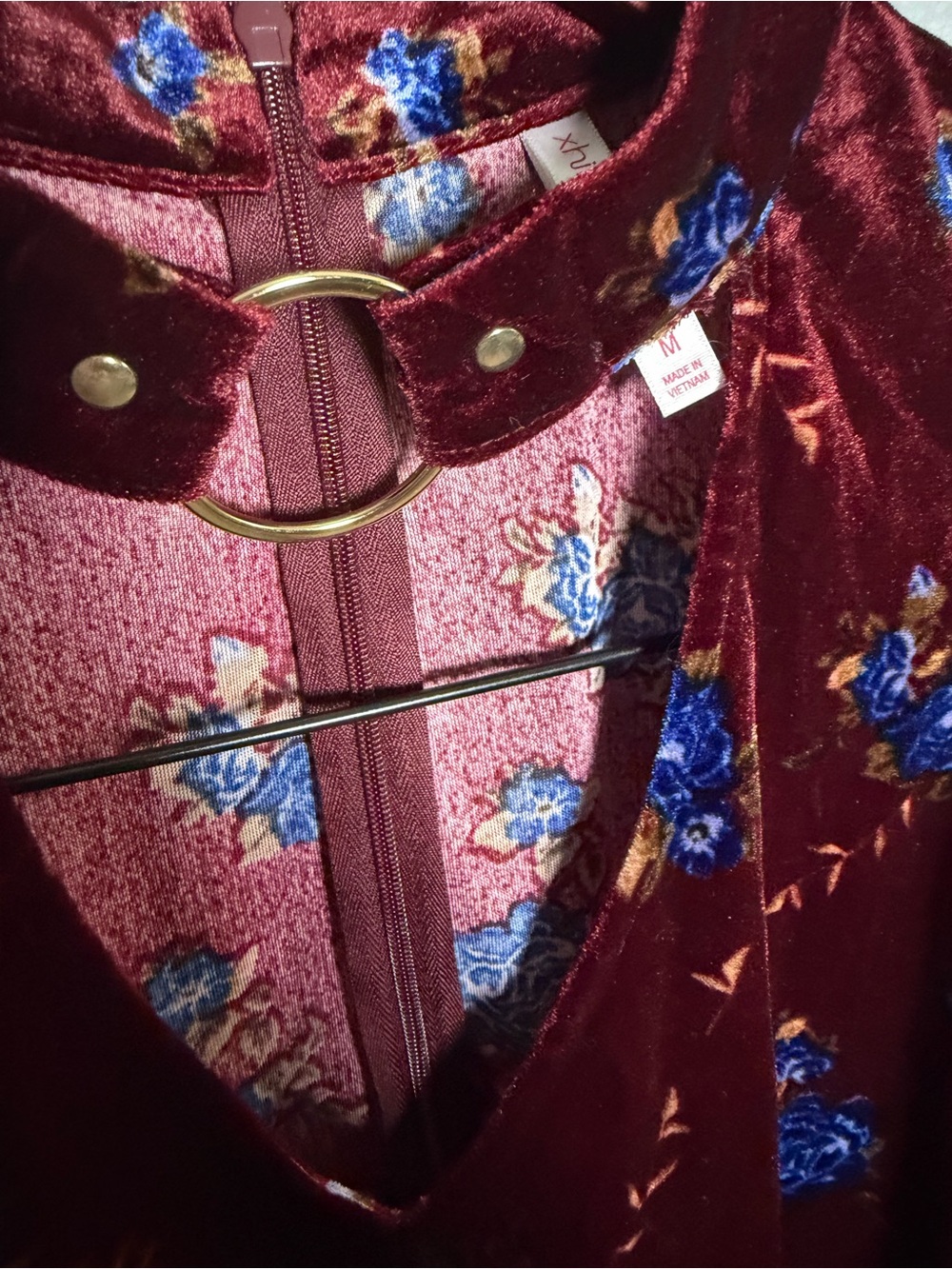 Xhilaration Burgundy Velvet Floral Choker Mini Dress with Blue Roses - Picture 7 of 10